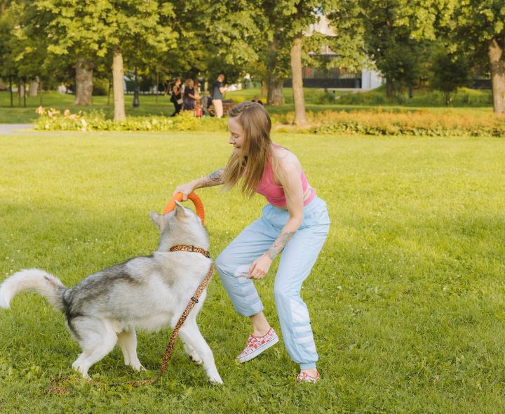 A lady having fun while out with friends and a dog.